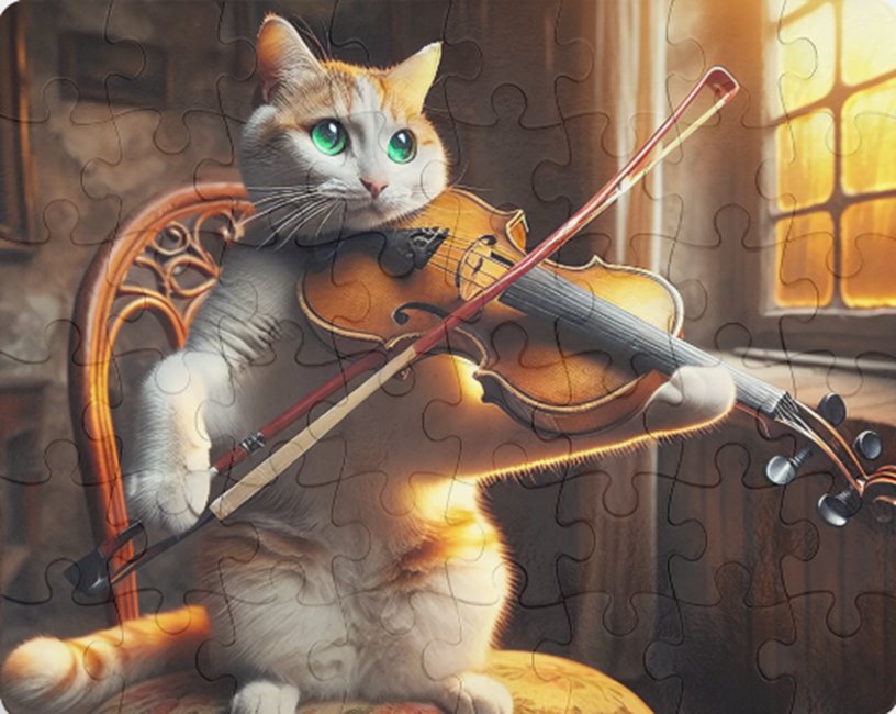 AI-generated jigsaw puzzle NFT — a cat playing the violin, warm golden light, an example of Senet physical print product